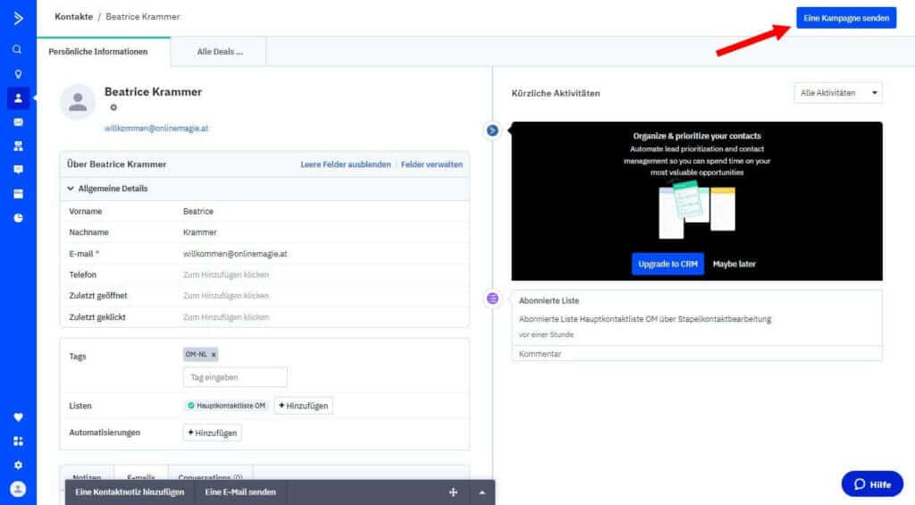 ActiveCampaign Screenshot - Kampagne an einen Kontakt senden