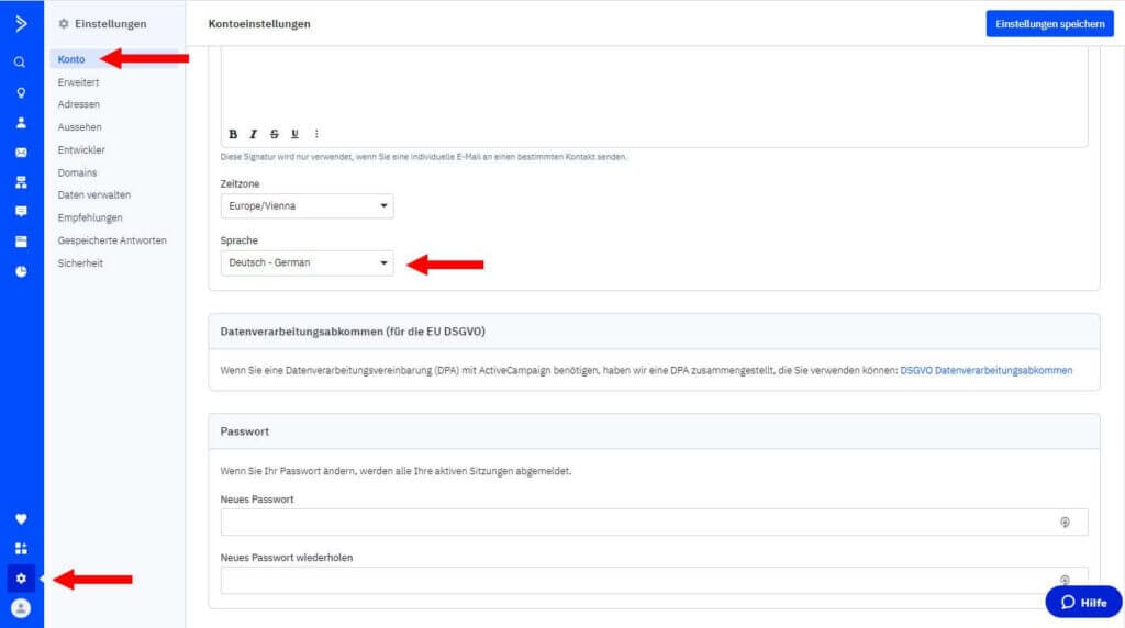 ActiveCampaign Screenshot - Sprache ändern